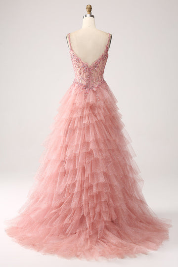Blush A-Line Spaghetti Stropper Tiered Tulle Korset Lang Prom Kjole